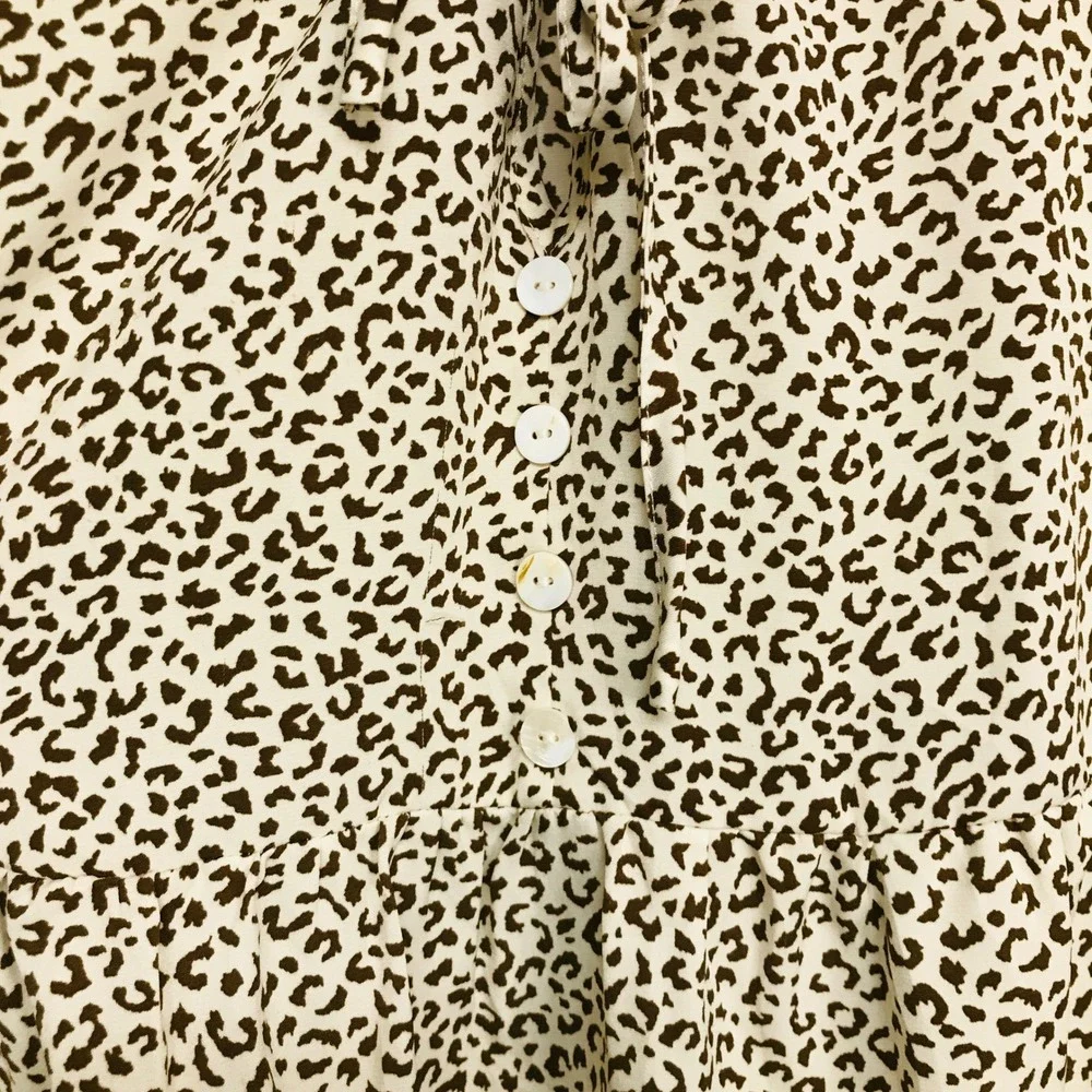 Temofon Womens‎ Sz M Leopard Print Tiered Mini Dress Brown Tan Long Sleeve Rayon